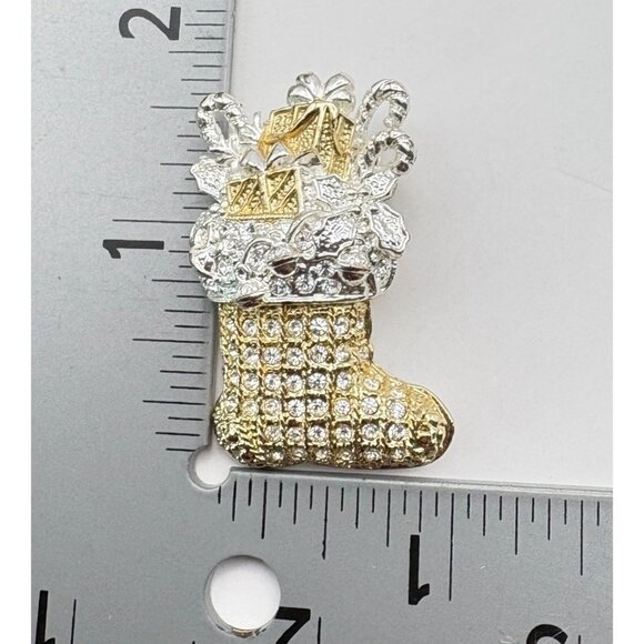 Gold Tone Christmas Stocking Brooch Rhinestone Pin ROMAN Festive Holiday - Picture 3 of 7